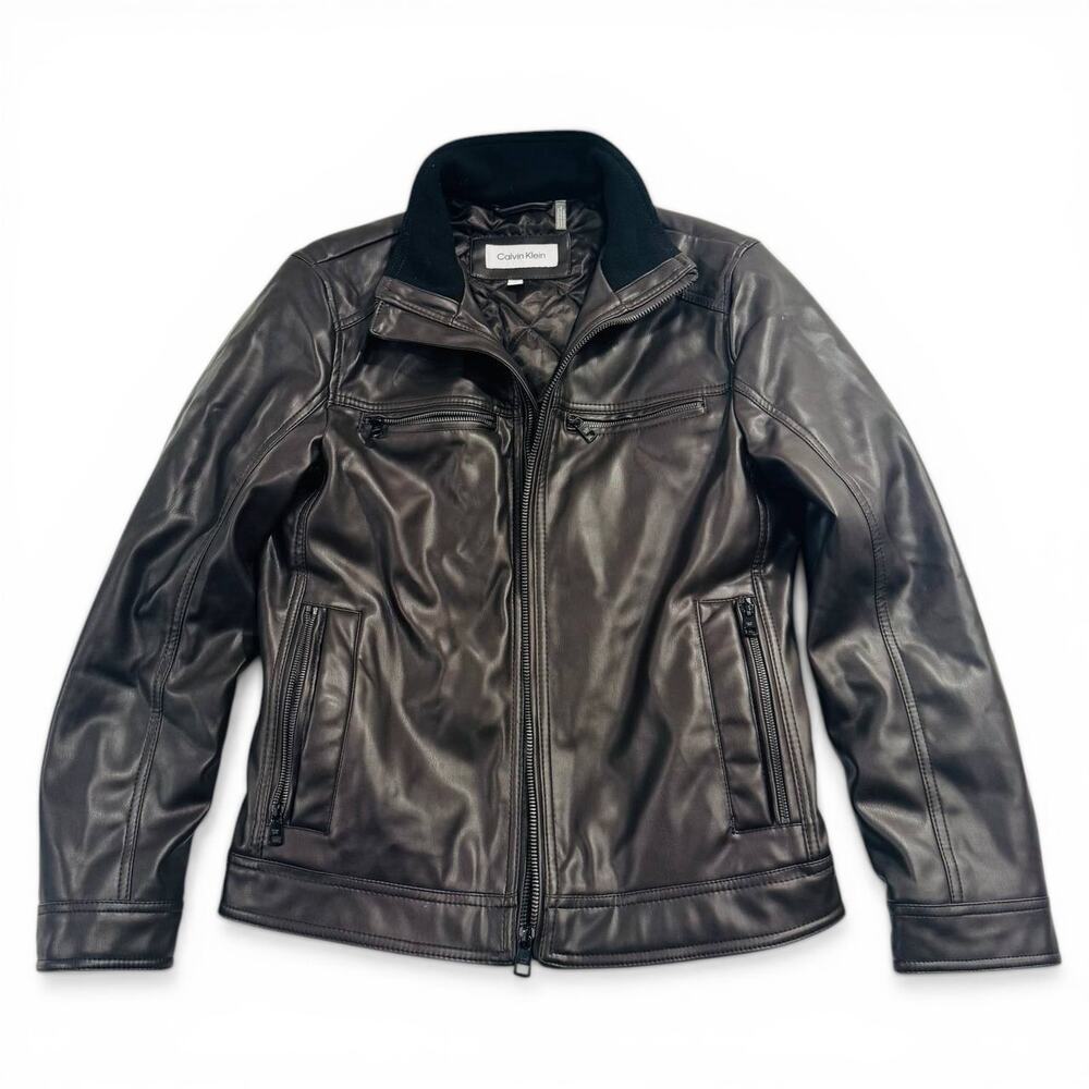 Calvin Klein Faux Leather Jacket Mens Small Brown Full Zip Biker Moto Coat